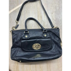 Emma Fox Satchel Purse Black Leather Bag Red Floral Liner Medium Size Shoulder